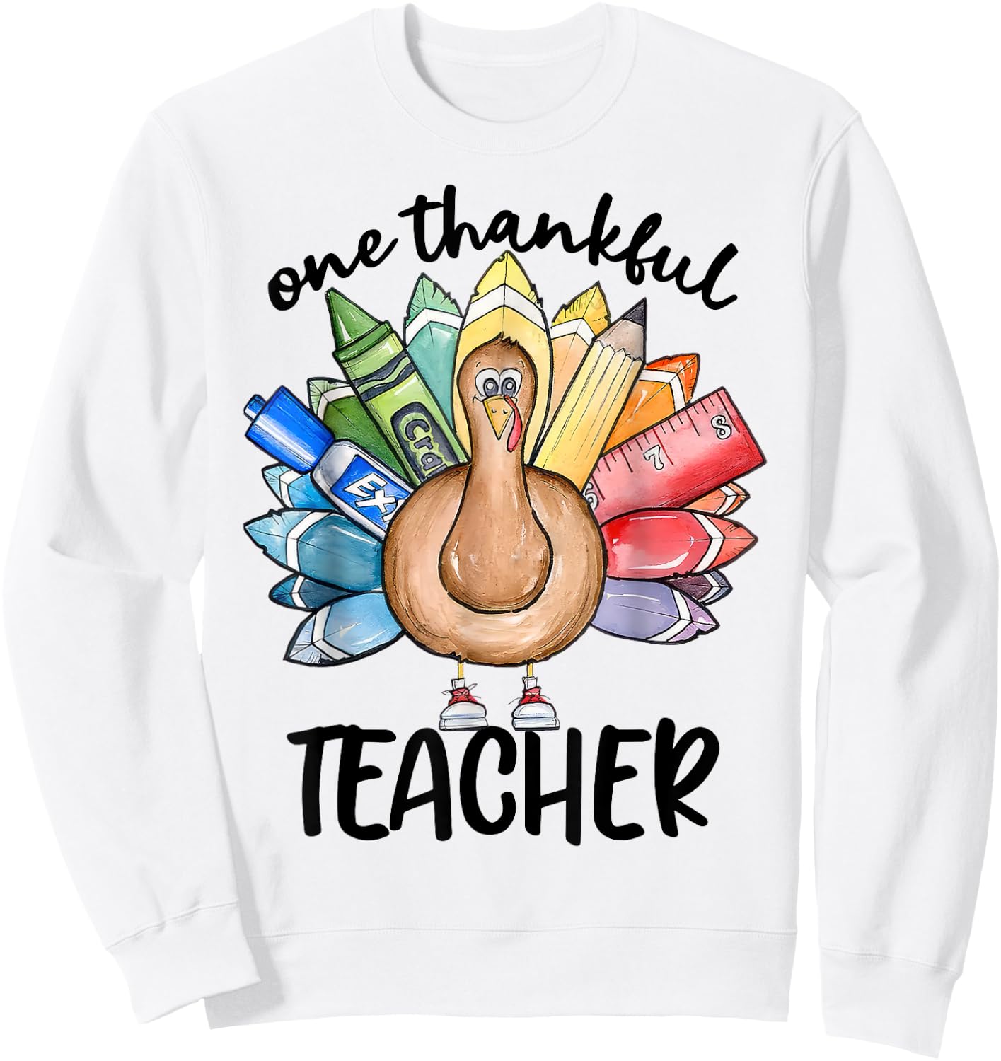 One Thankful Teacher Turkey Pencil Thanksgiving Teachers Sweatshirt - Sweatshirt | White