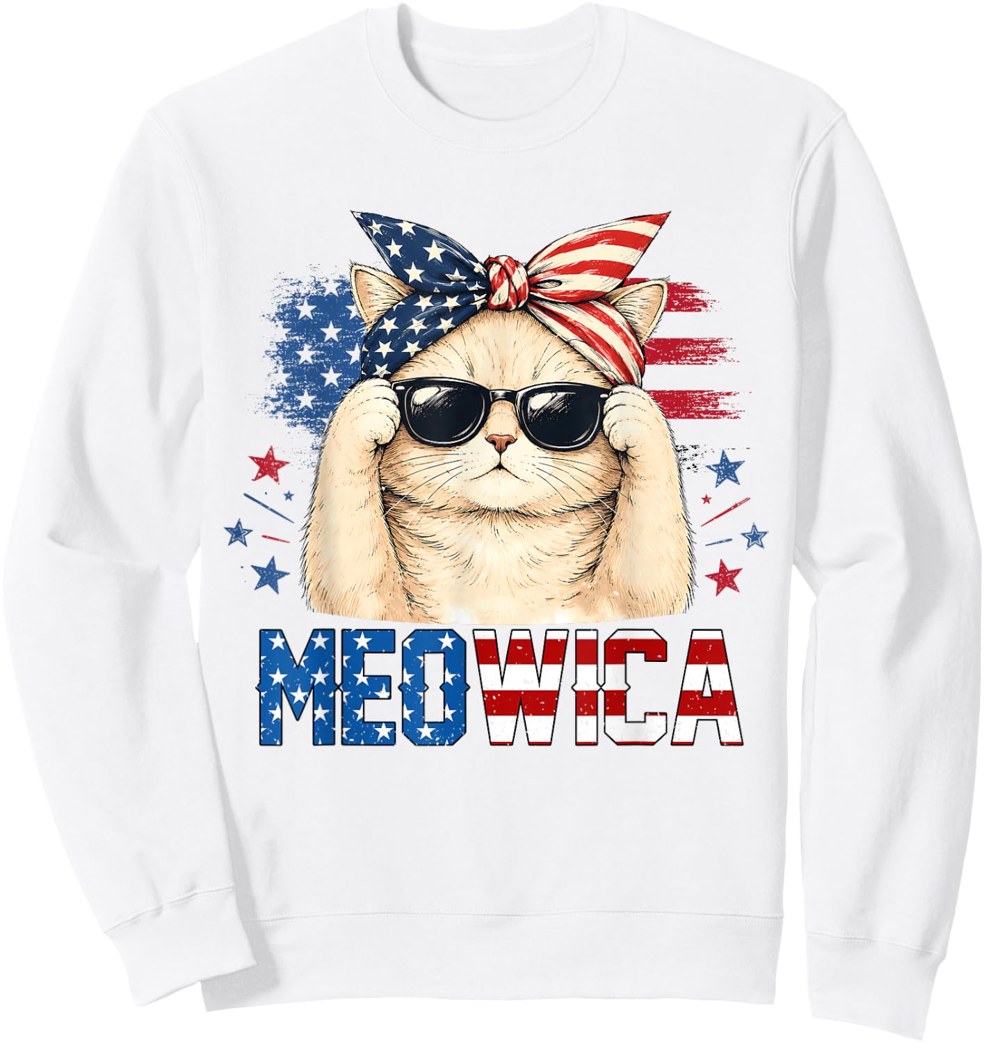 Meowica 4th of July Patriotic Cat American Flag Women Girls Sweatshirt - Sweatshirt | White