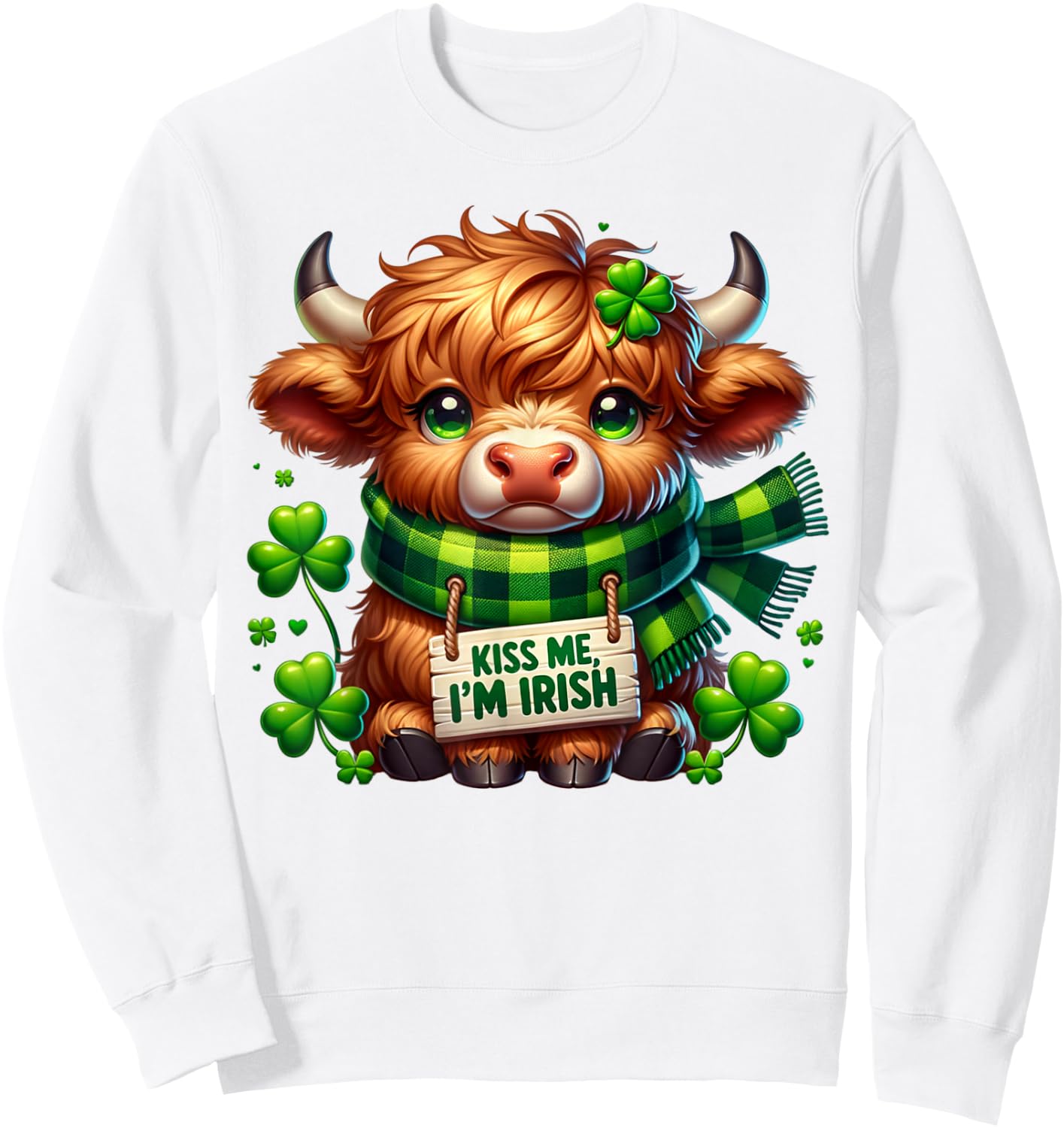 Kiss Me I'm Irish Cute Little Highland Cow Four Leaf Clovers Sweatshirt - Sweatshirt | White