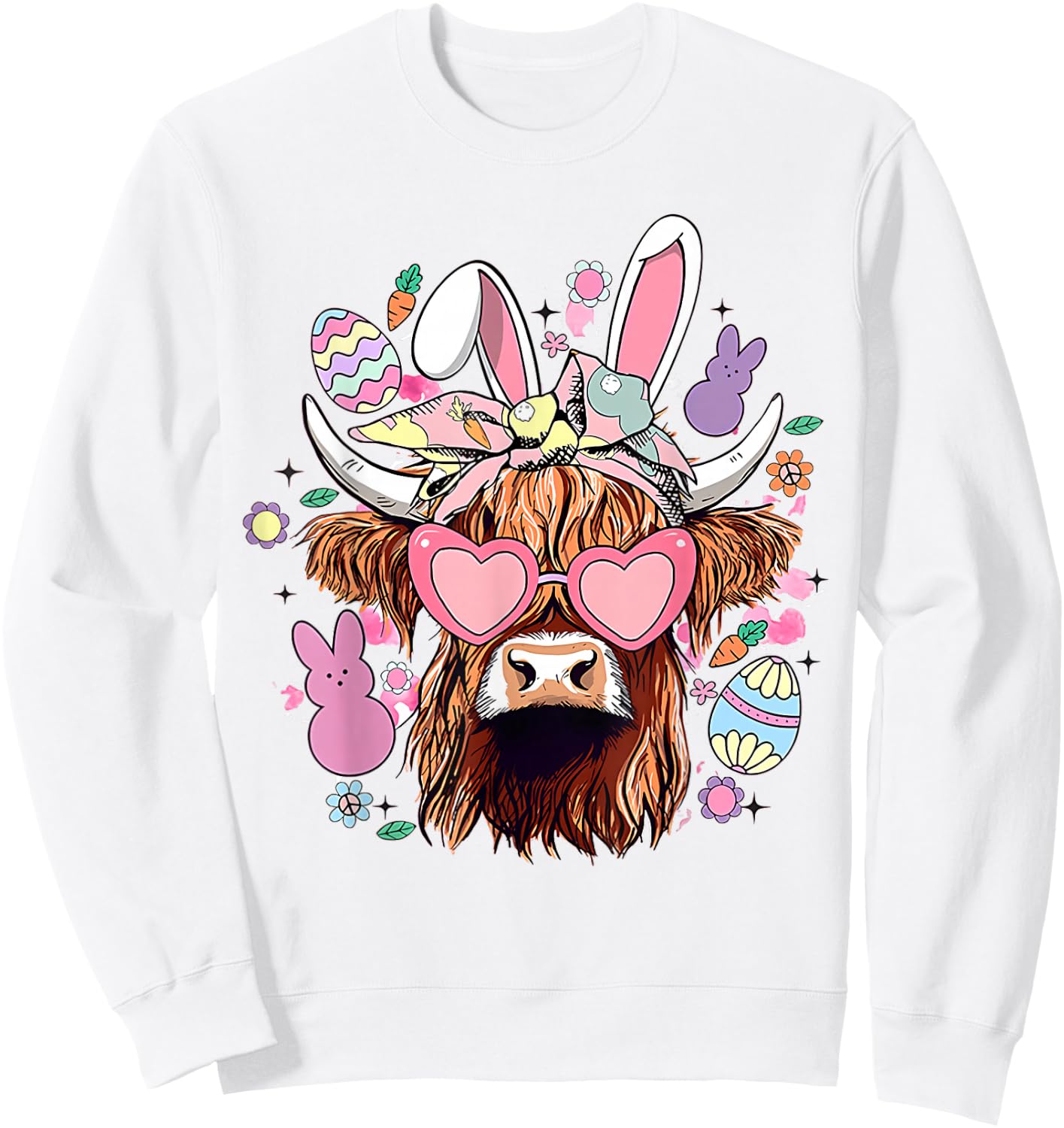 Happy Easter Highland Cow Heifer Easter Day Farmer Cowgirl Sweatshirt - Sweatshirt | White