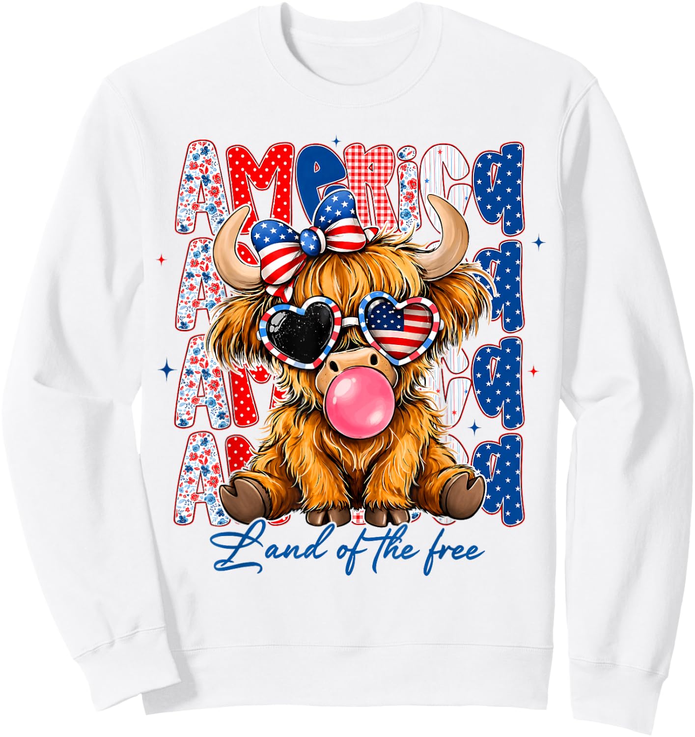 America 1776-2026 Land of The Free Highland Cow 4th of July Sweatshirt - Sweatshirt | White