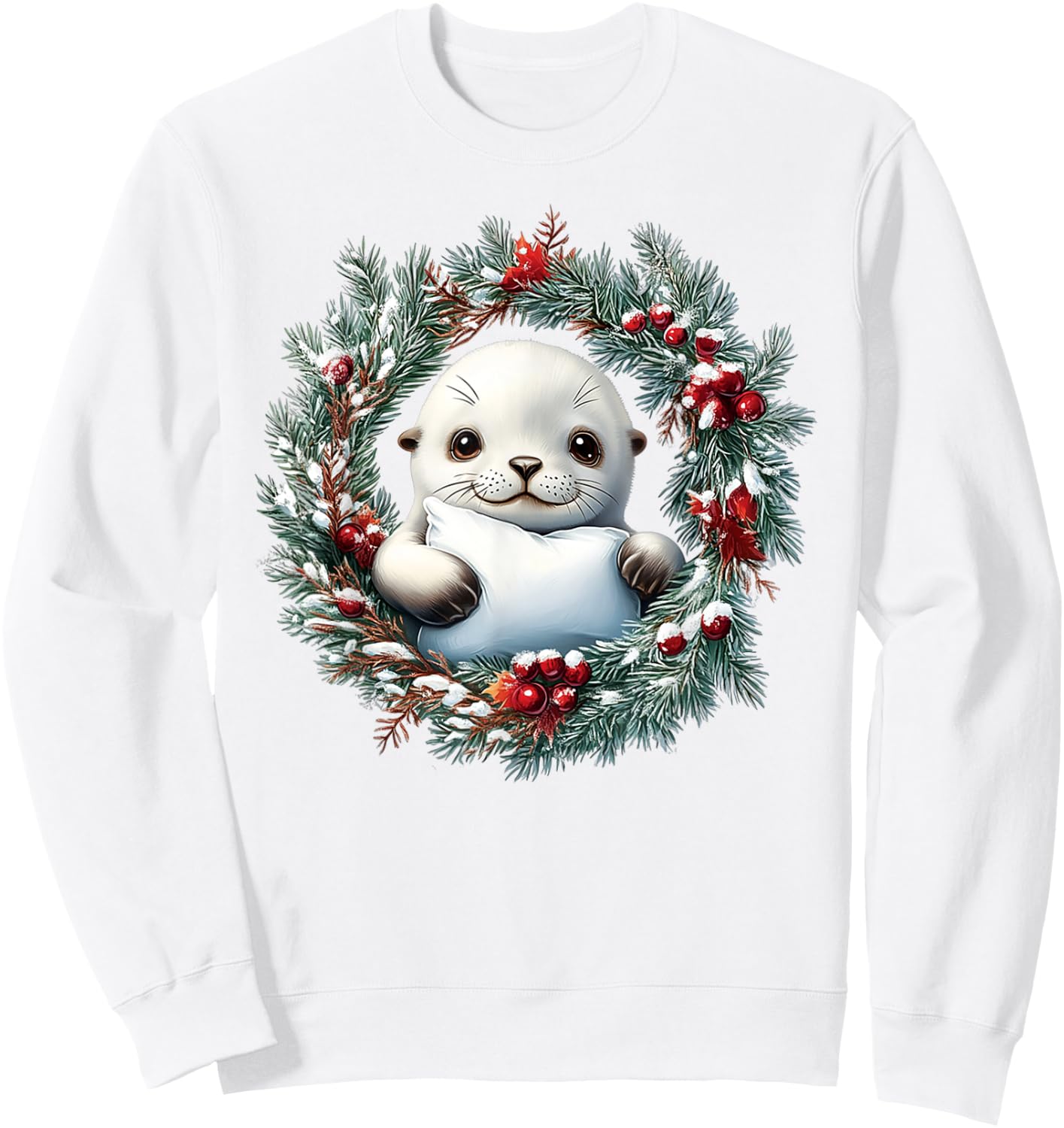 A Happy Baby Harp Seal In A Christmas Wreath With A Red Bow Sweatshirt - Sweatshirt | White