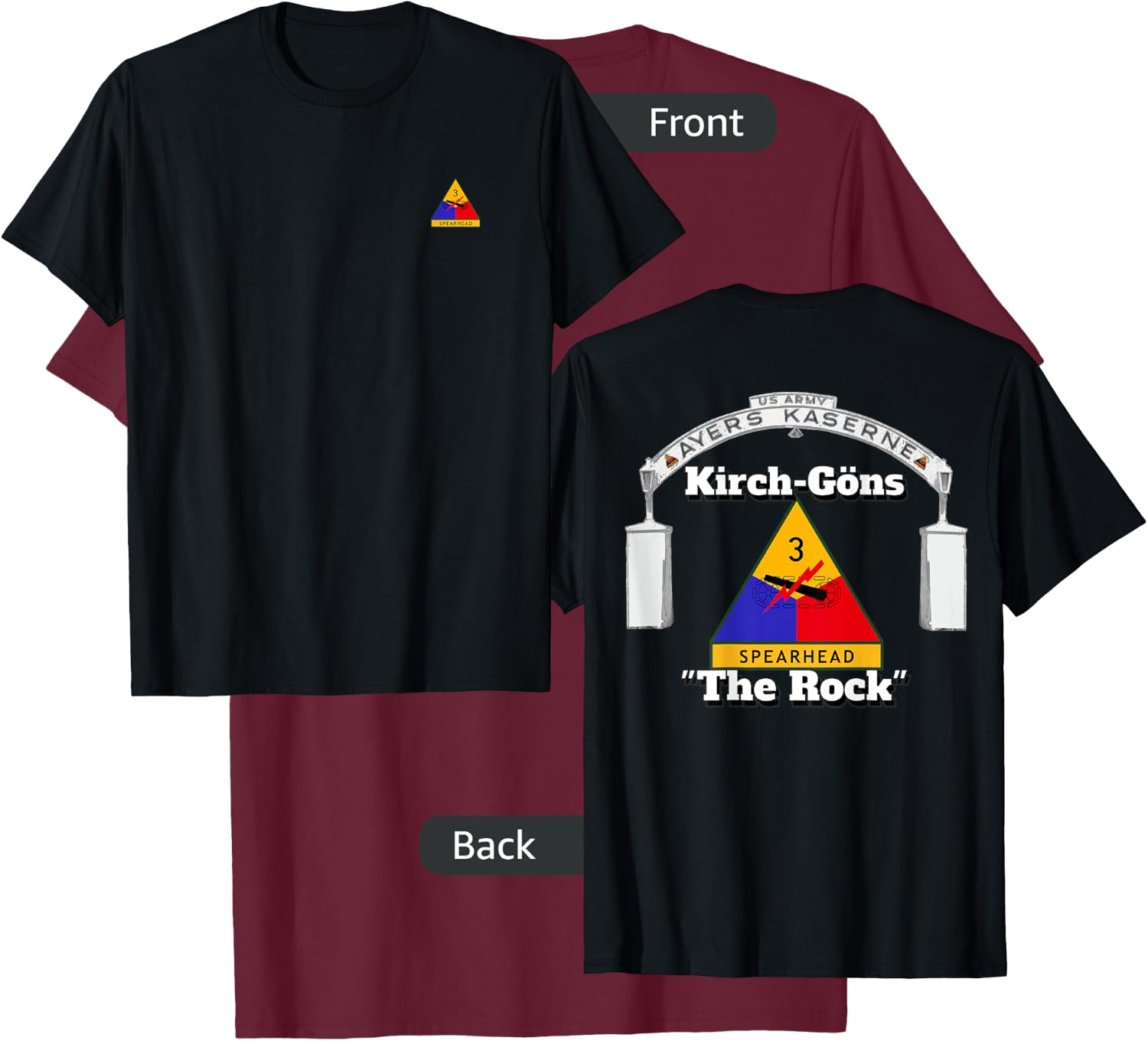 3rd AD on front - Ayers Kaserne-3rd AD print on back T-Shirt - T-Shirt | Maroon