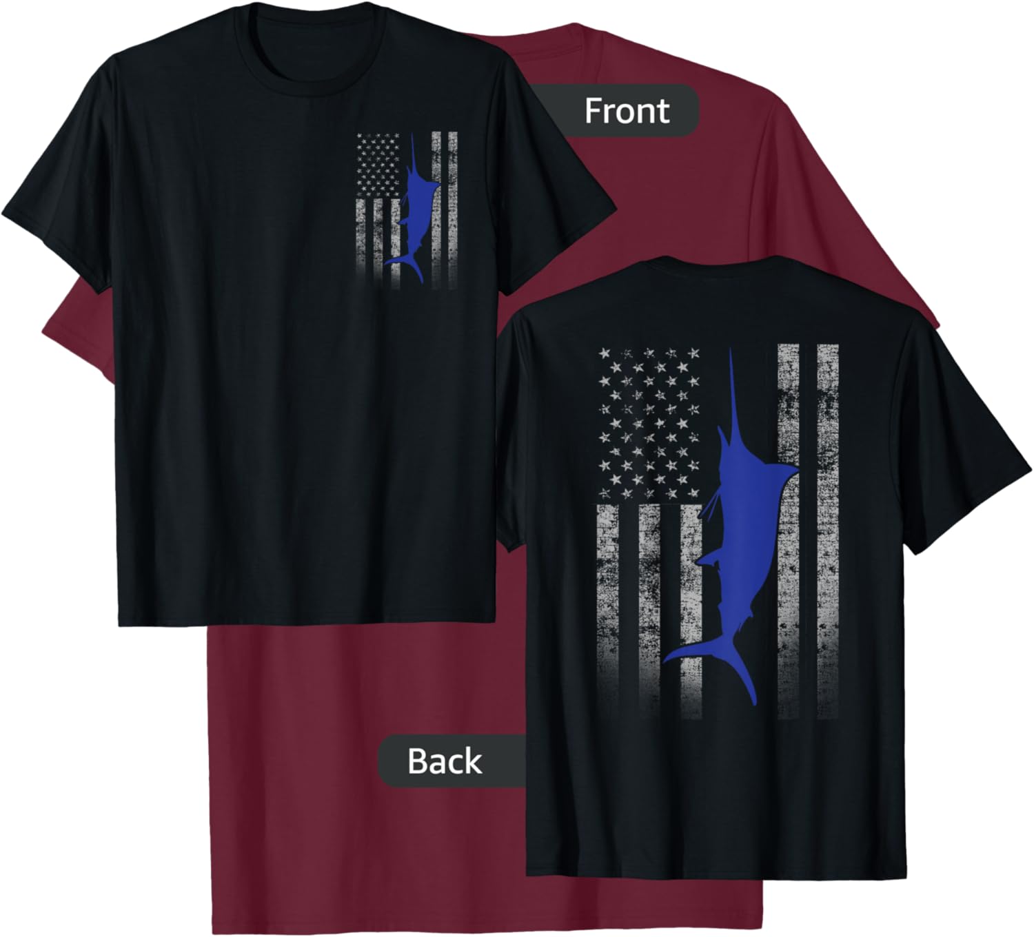 Two-Sided Marlin Flag Shirt - Blue Marlin on US Flag T-Shirt - T-Shirt | Maroon