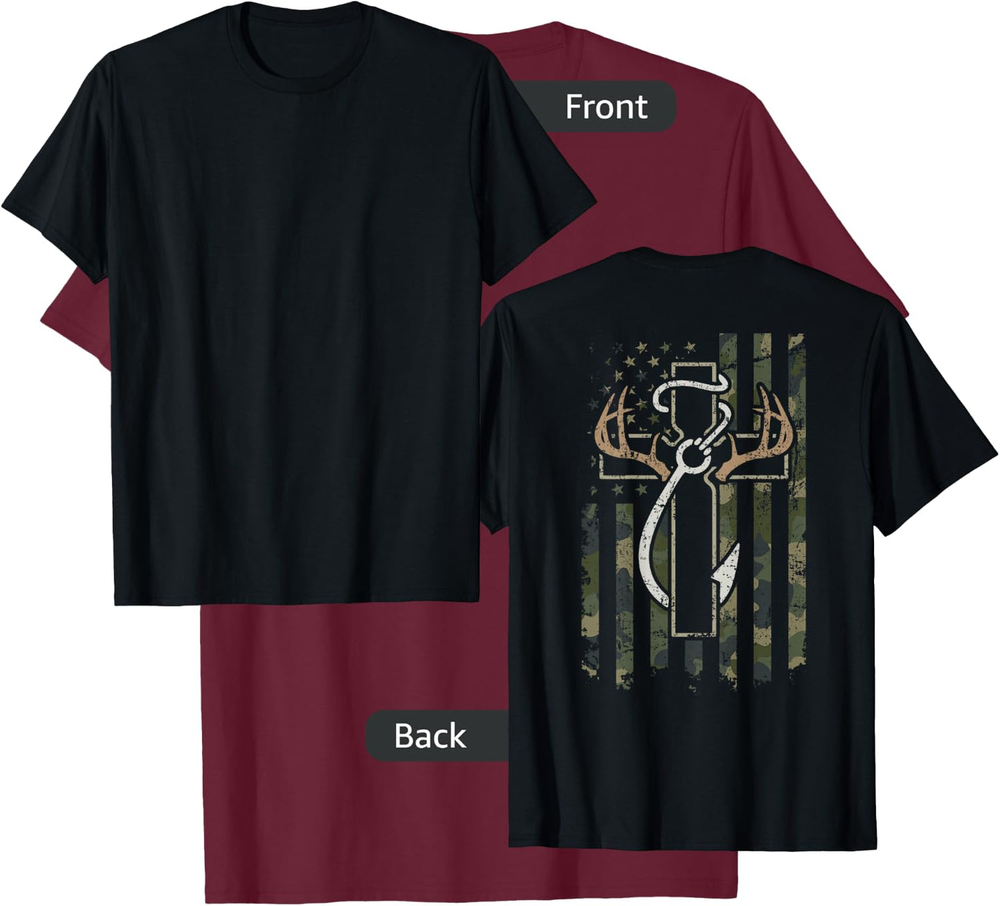 Hunting Fishing Faith - Hunter Fisherman Camo USA - ON Back T-Shirt - T-Shirt | Maroon
