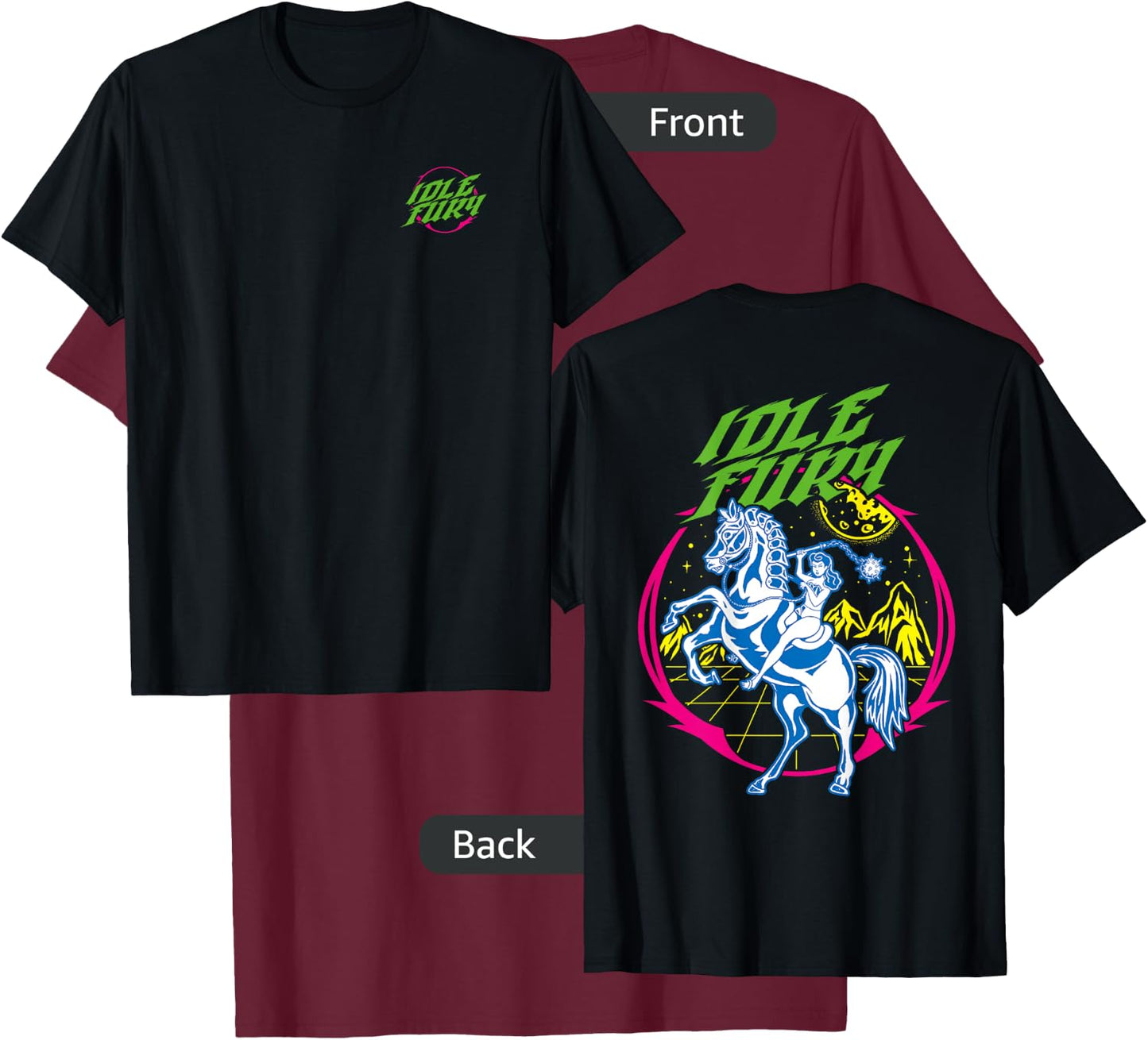 VIEW BACK PRINT Idle Fury Cyber Warrior Woman Battle Horse T-Shirt - T-Shirt | Maroon