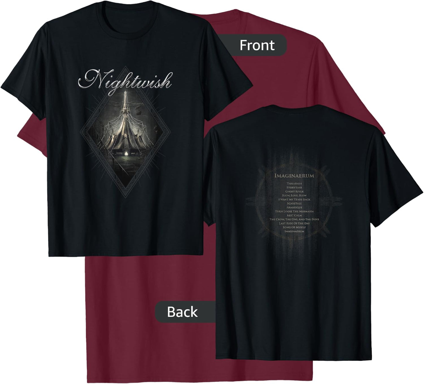 Imaginaerum (album cover + Nightwish logo + tracklist) T-Shirt - T-Shirt | Maroon