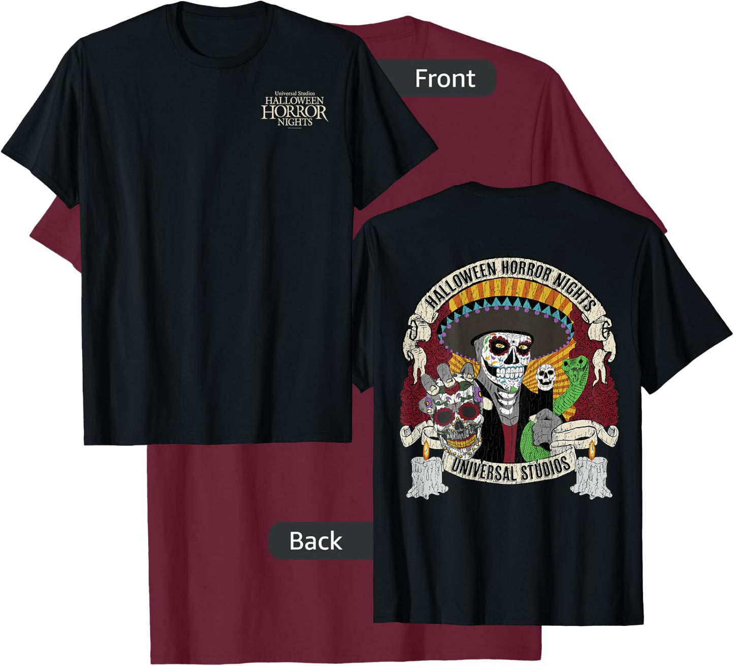 Halloween Horror Nights HHN Dia De Los Muertos Front & Back T-Shirt - T-Shirt | Maroon