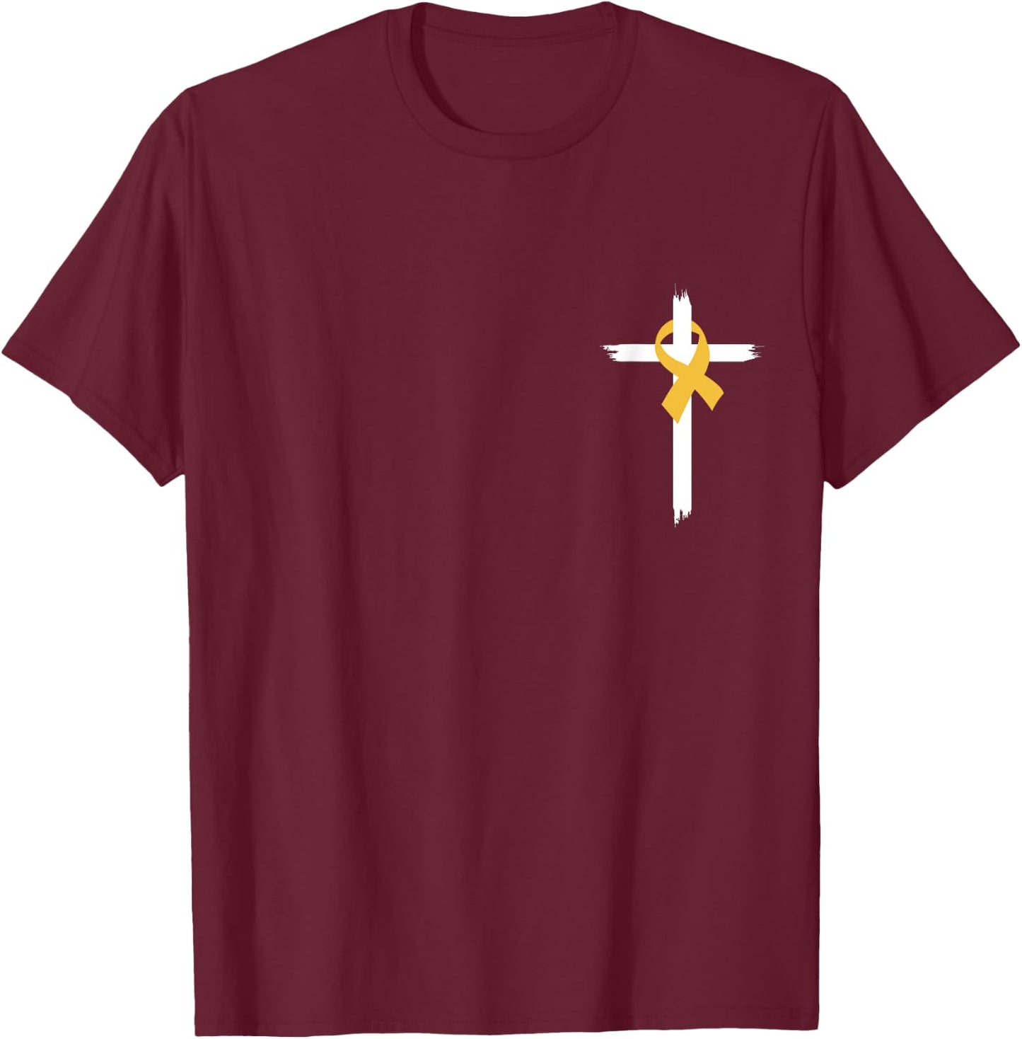 Christian Cross Jesus Gold Ribbon Childhood Cancer Awareness T-Shirt - T-Shirt | Maroon