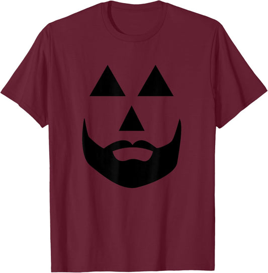 Halloween Pumpkin Jack-O-Lantern Beard Face T-Shirt - T-Shirt | Maroon