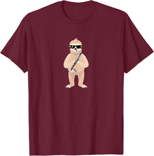 Funny Sloth Wearing Sunglasses Playing Bass Clarinet T-Shirt - T-Shirt | Maroon