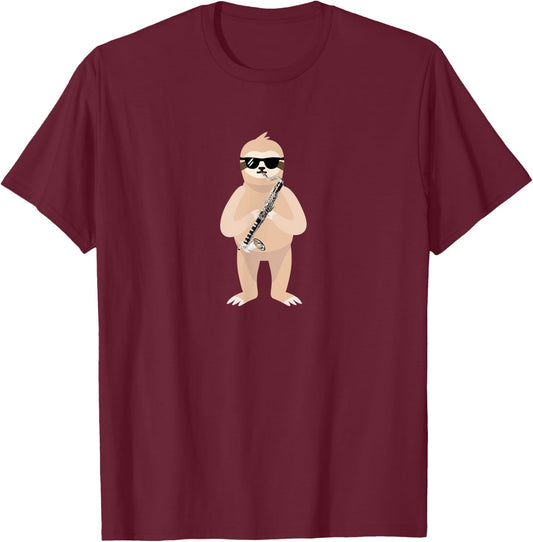 Funny Sloth Wearing Sunglasses Playing Bass Clarinet T-Shirt - T-Shirt | Maroon