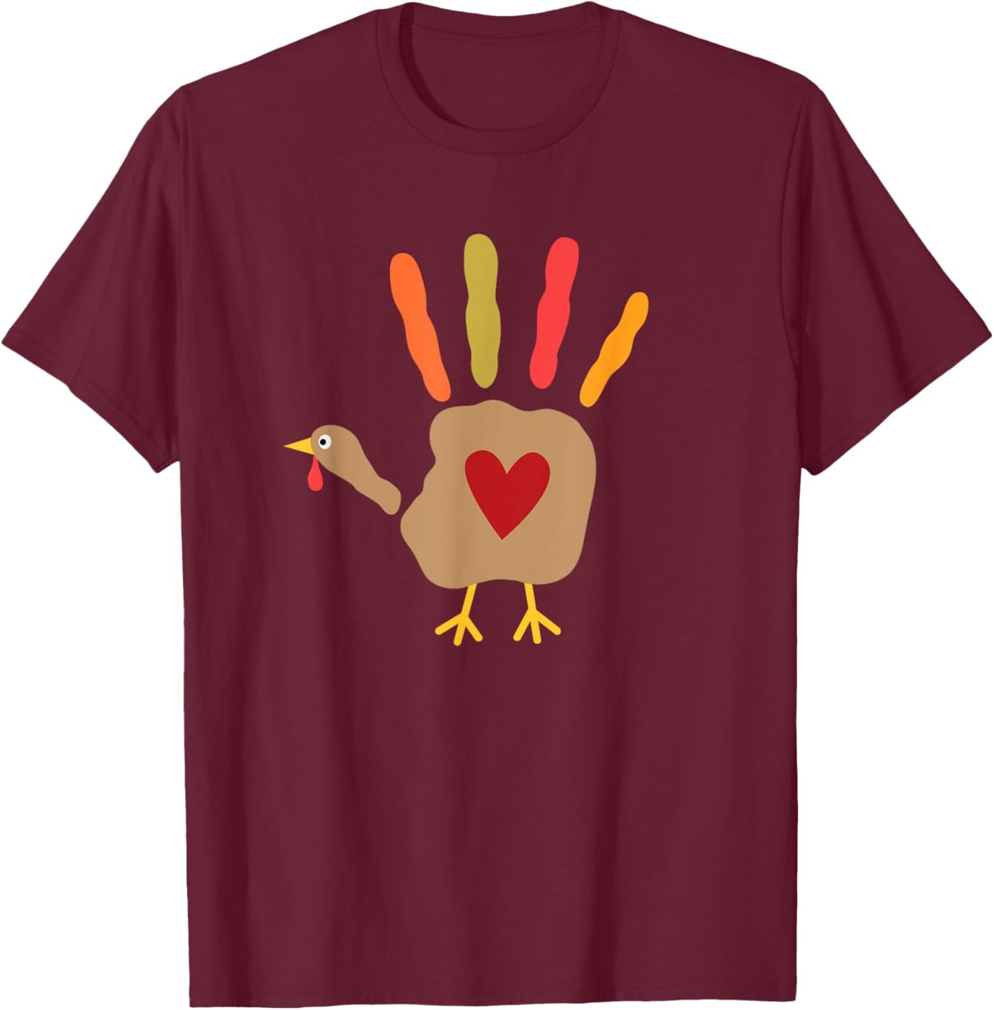 Thanksgiving Turkey Hand Print Heart T-Shirt - T-Shirt | Maroon