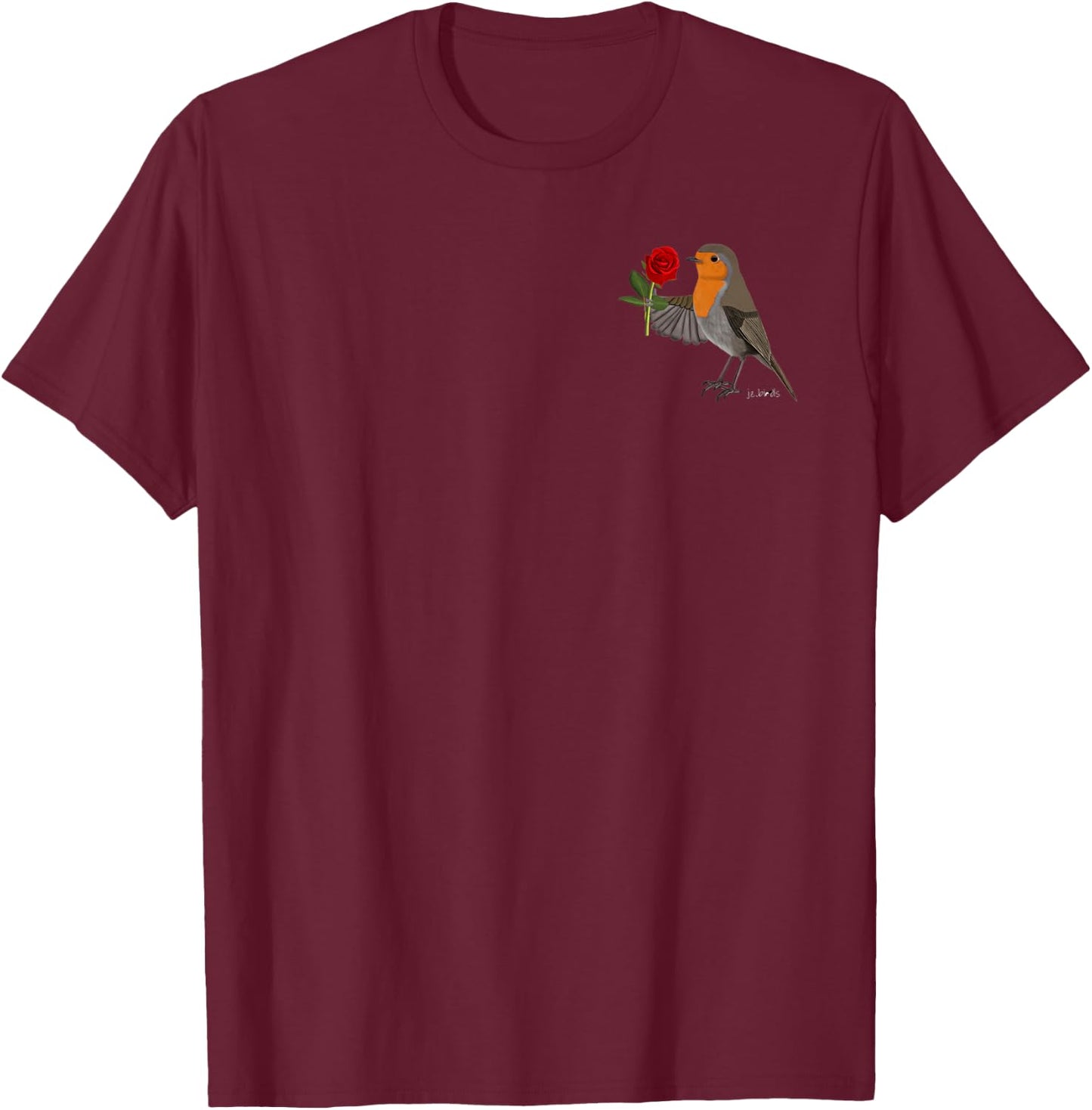 Red Rose Robin Flowers Bird Valentine's Day Cute T-Shirt - T-Shirt | Maroon