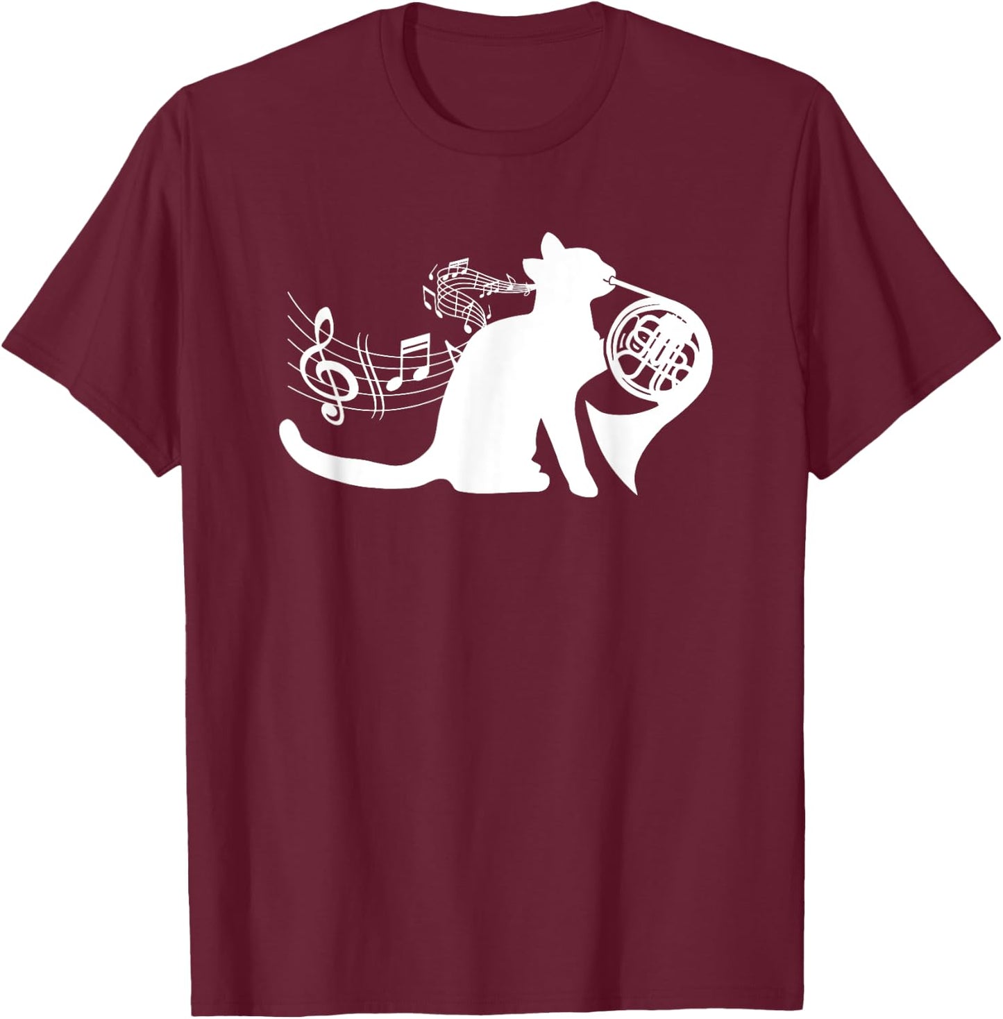 Cool Cat Playing French Horn Musician Orchestra Music T-Shirt - T-Shirt | Maroon