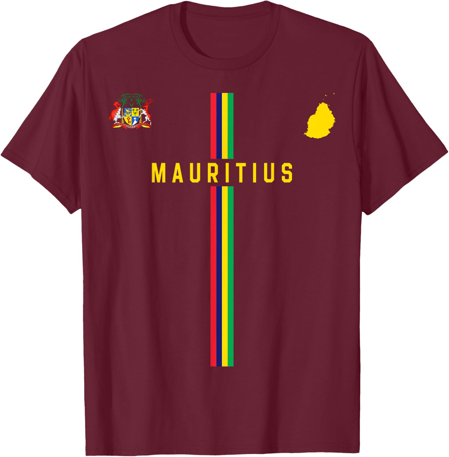 Flag of Mauritius, Silhouette Map of Mauritius, Coat of Arms , Black, S T-Shirt - T-Shirt | Maroon