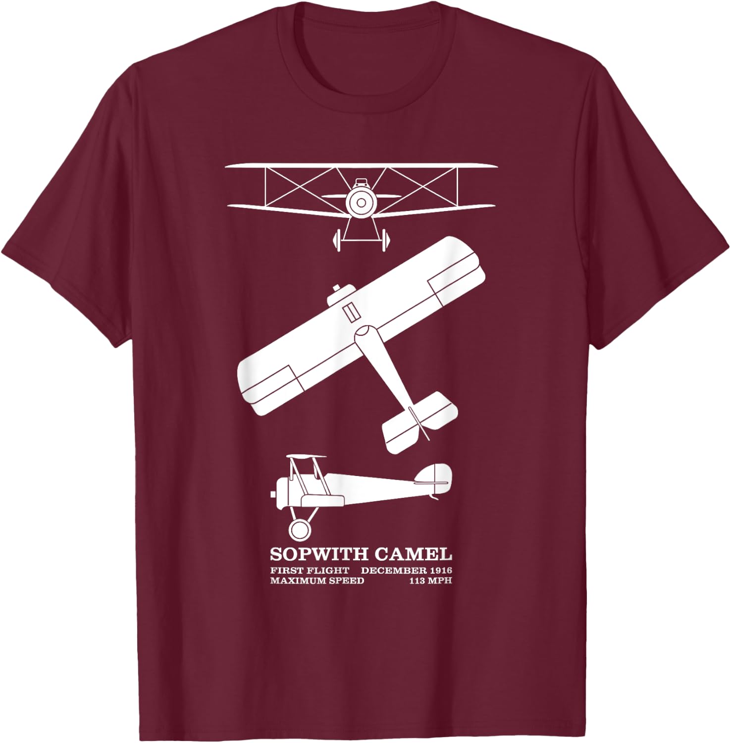 Sopwith Camel British WW1 Biplane Silhouette Diagrams T-Shirt - T-Shirt | Maroon