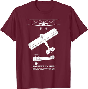 Sopwith Camel British WW1 Biplane Silhouette Diagrams T-Shirt - T-Shirt | Maroon