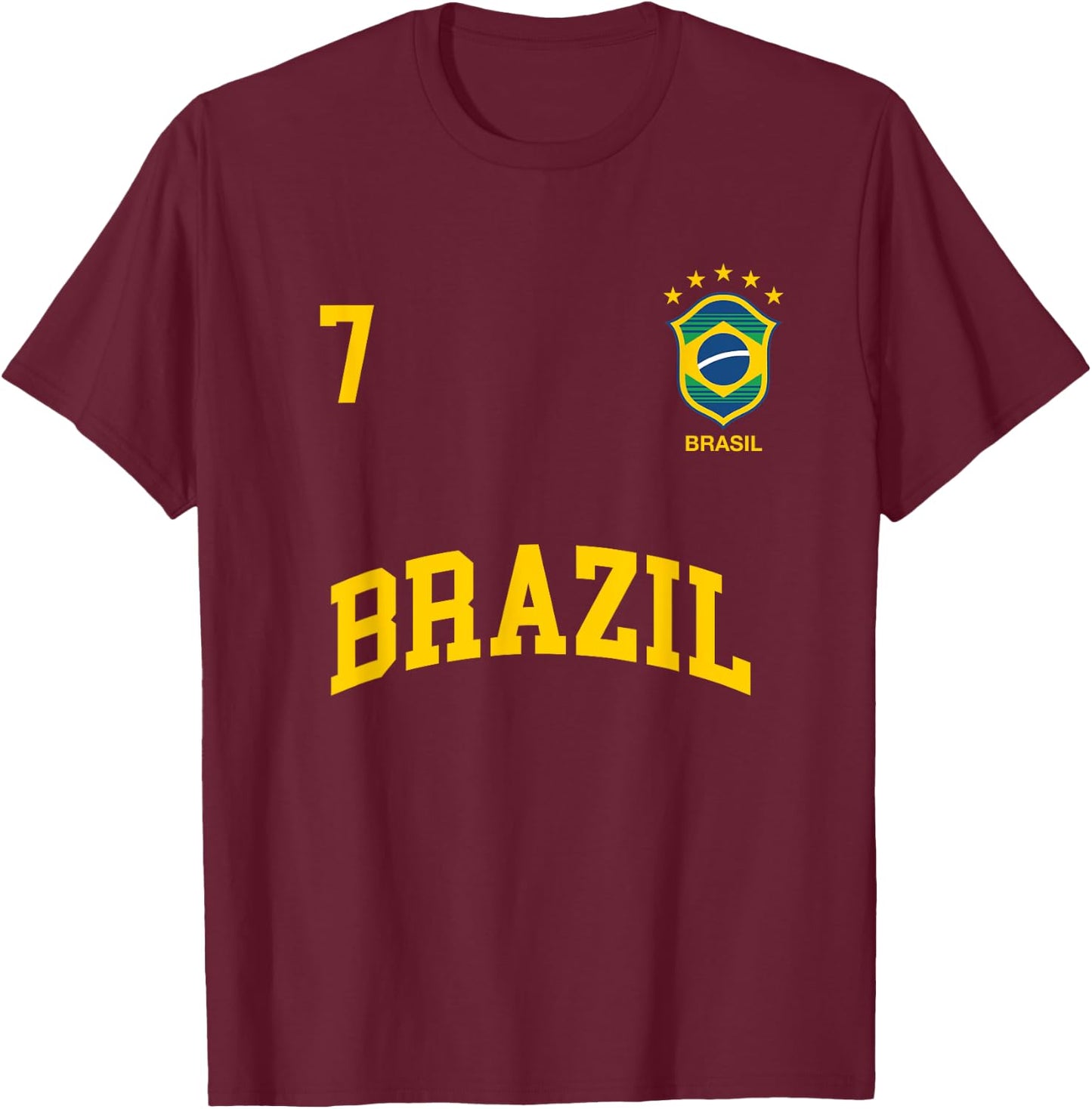 Brazil Number 7 (BACK) Brazilian Soccer Team Shirt T-Shirt - T-Shirt | Maroon