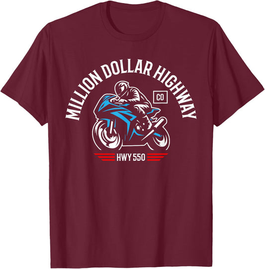 Million Dollar Highway CO USA HWY 550 Motorcycle Design T-Shirt - T-Shirt | Maroon