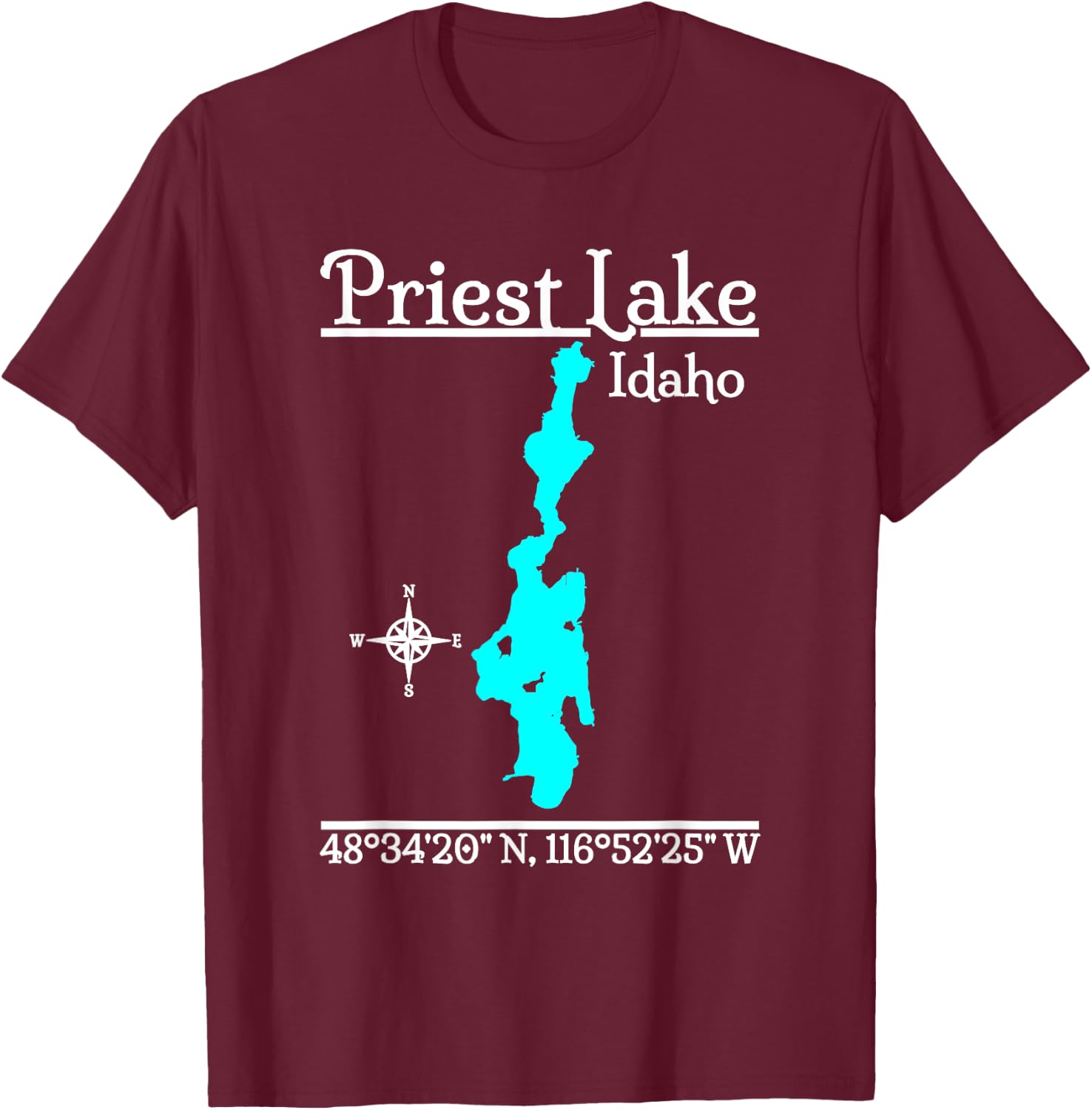 Designed by GeoGearCo - Men's -Adults, -Kids Black Classic Fit Cotton, Cotton Blend Short Sleeve - Priest Lake - Idaho T-Shirt - T-Shirt | Maroon