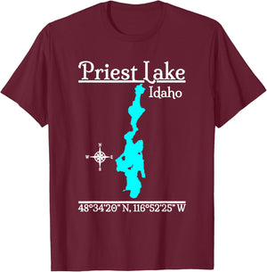 Designed by GeoGearCo - Men's -Adults, -Kids Black Classic Fit Cotton, Cotton Blend Short Sleeve - Priest Lake - Idaho T-Shirt - T-Shirt | Maroon