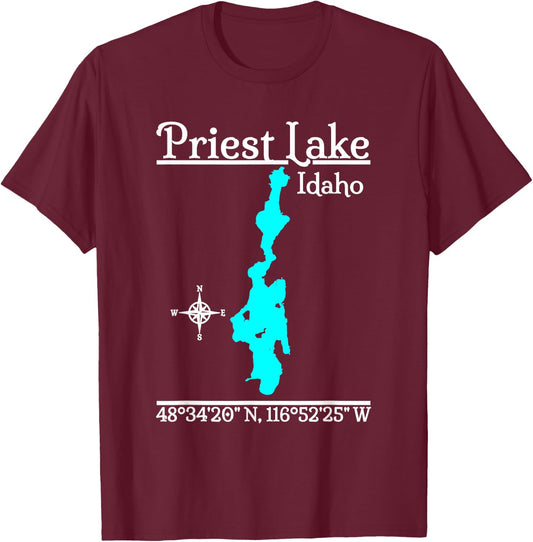 Designed by GeoGearCo - Men's -Adults, -Kids Black Classic Fit Cotton, Cotton Blend Short Sleeve - Priest Lake - Idaho T-Shirt - T-Shirt | Maroon