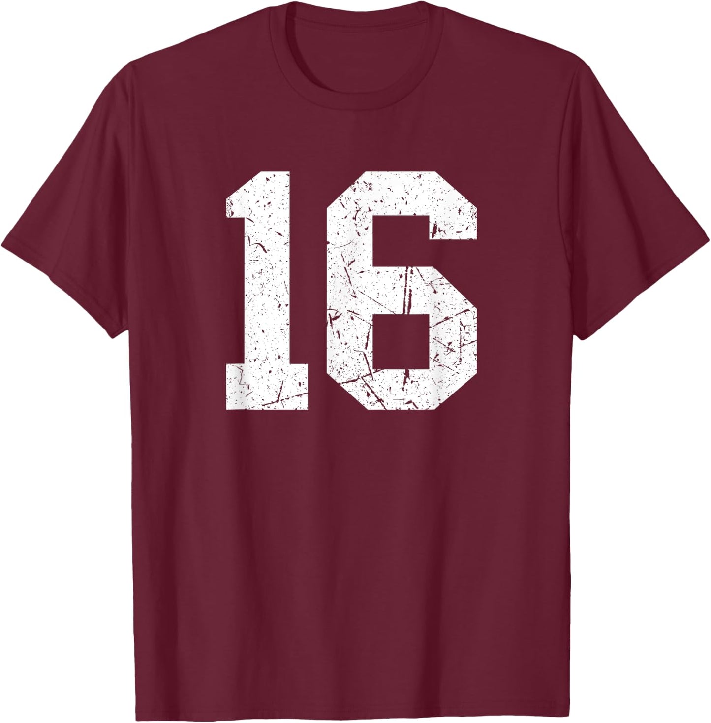 Vintage Number #16 White Sports Team Varsity Number T-Shirt - T-Shirt | Maroon