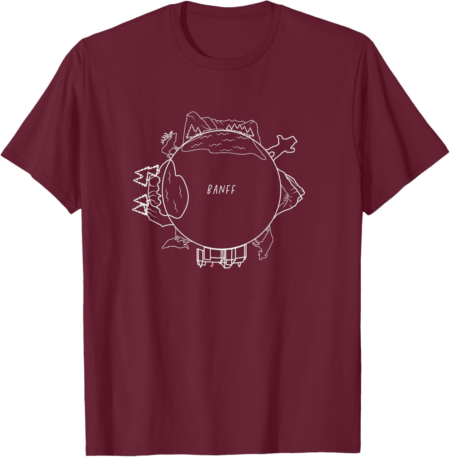 Banff Alberta Canada Tiny Planet with Animals & Landmarks T-Shirt - T-Shirt | Maroon