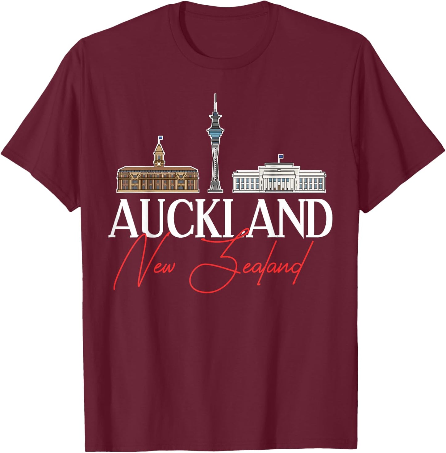 Auckland New Zealand City Skyline Map Travel T-Shirt - T-Shirt | Maroon