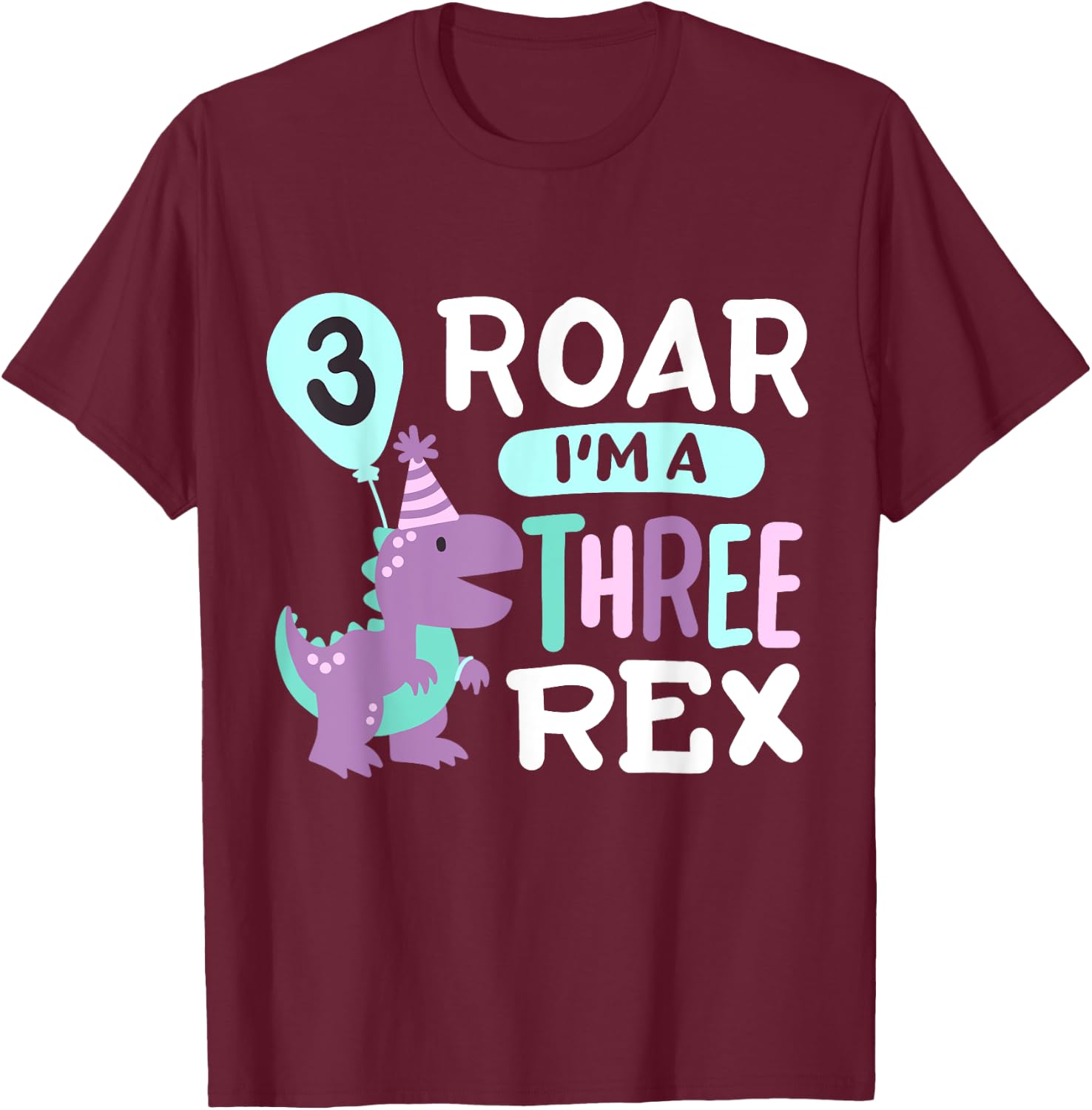 3rd Birthday Dinosaur T Rex Roar Three Rex 3 Years Old Kids T-Shirt - T-Shirt | Maroon