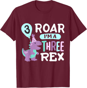 3rd Birthday Dinosaur T Rex Roar Three Rex 3 Years Old Kids T-Shirt - T-Shirt | Maroon