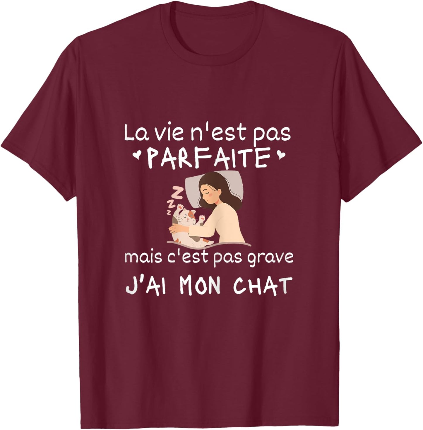 La Vie Nest Pas Parfait Women's Funny Cat , Black, Female X-Small T-Shirt - T-Shirt | Maroon