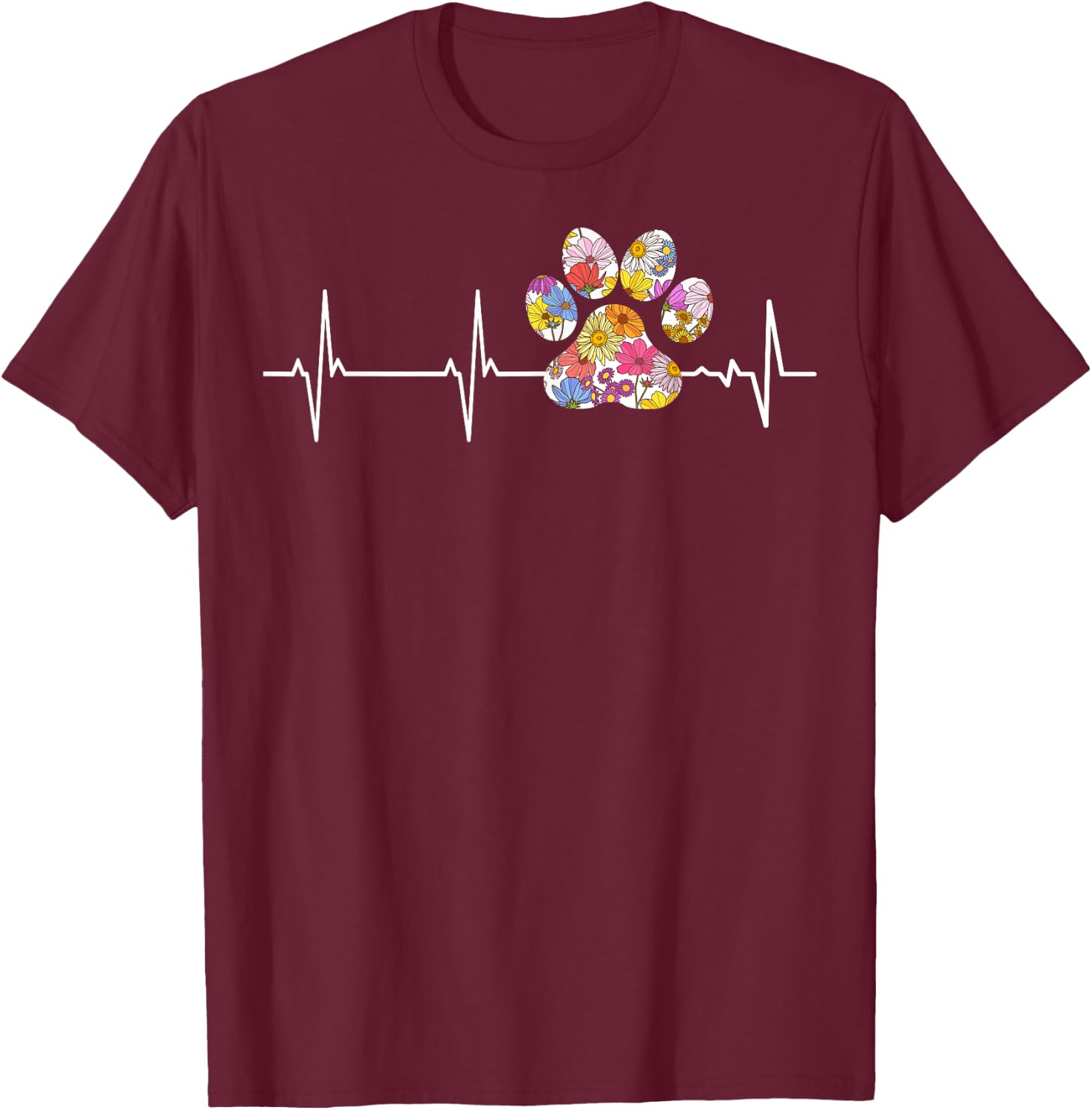 Cute vet flower paw print heartbeat ECG Vet Tech T-Shirt - T-Shirt | Maroon