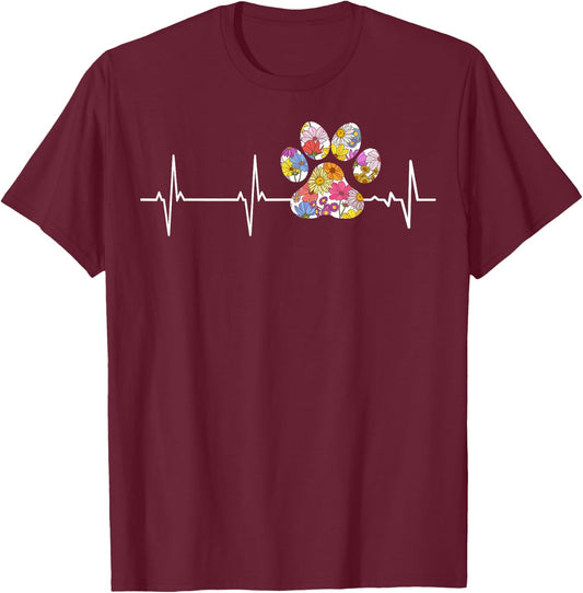 Cute vet flower paw print heartbeat ECG Vet Tech T-Shirt - T-Shirt | Maroon