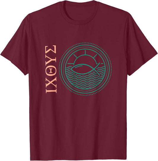 Ixoye Ichthys Ichthus Greek Fish Jesus Christ Son God Savior T-Shirt - T-Shirt | Maroon