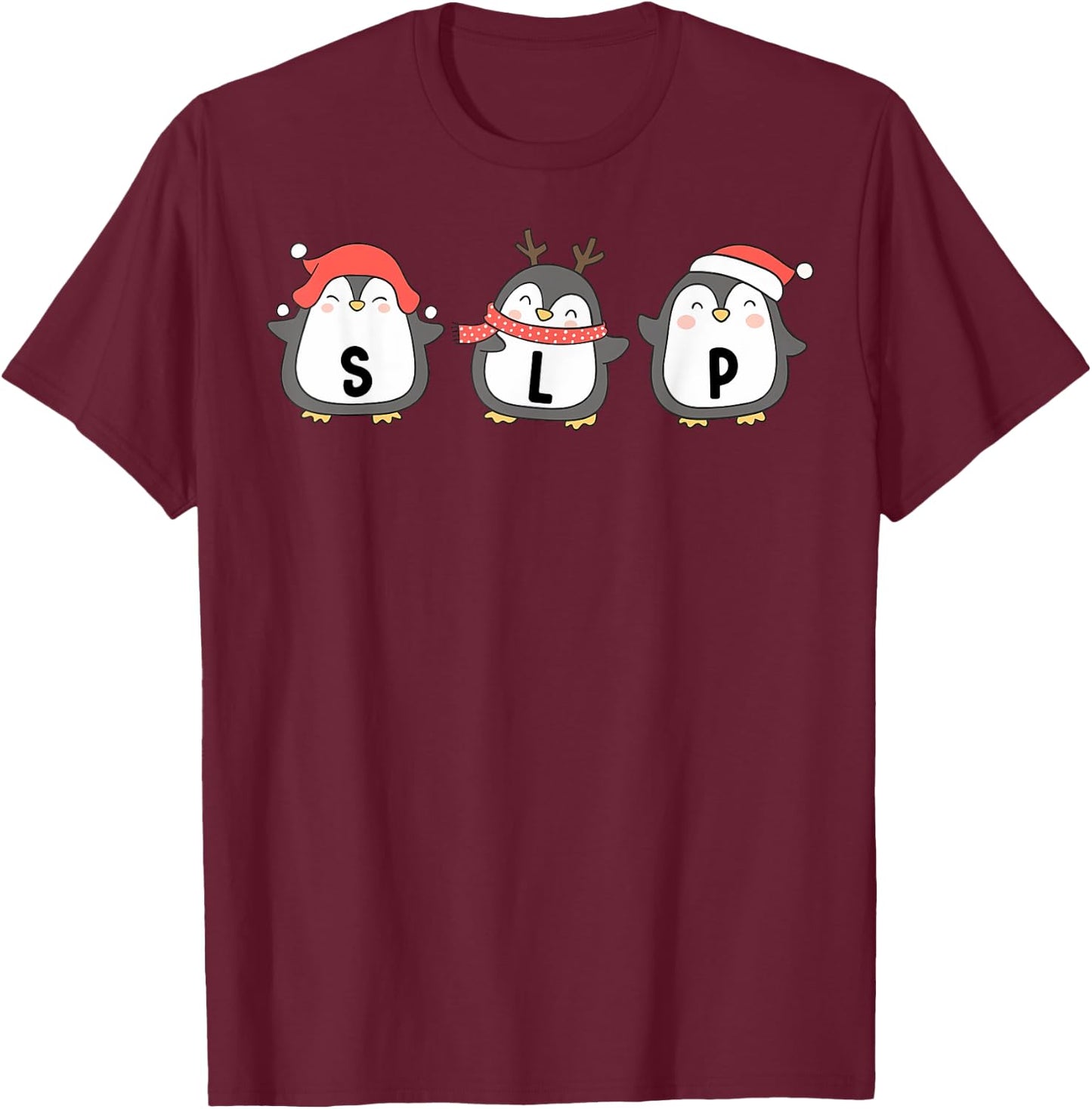 Cute Penguins SLP Christmas Speech Language Pathologist T-Shirt - T-Shirt | Maroon