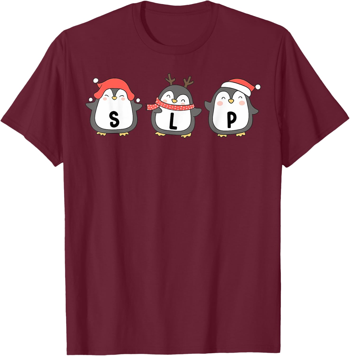 Cute Penguins SLP Christmas Speech Language Pathologist T-Shirt - T-Shirt | Maroon