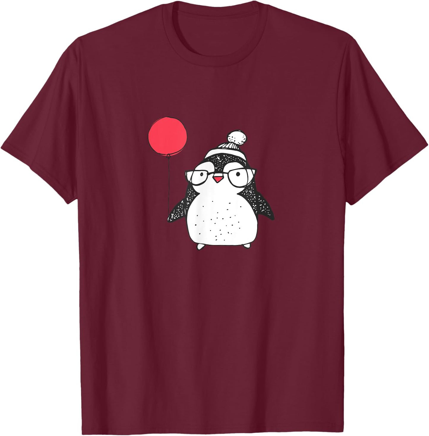 Kids Cute Christmas Baby Penguin Red Balloon Eyeglasses T-Shirt - T-Shirt | Maroon