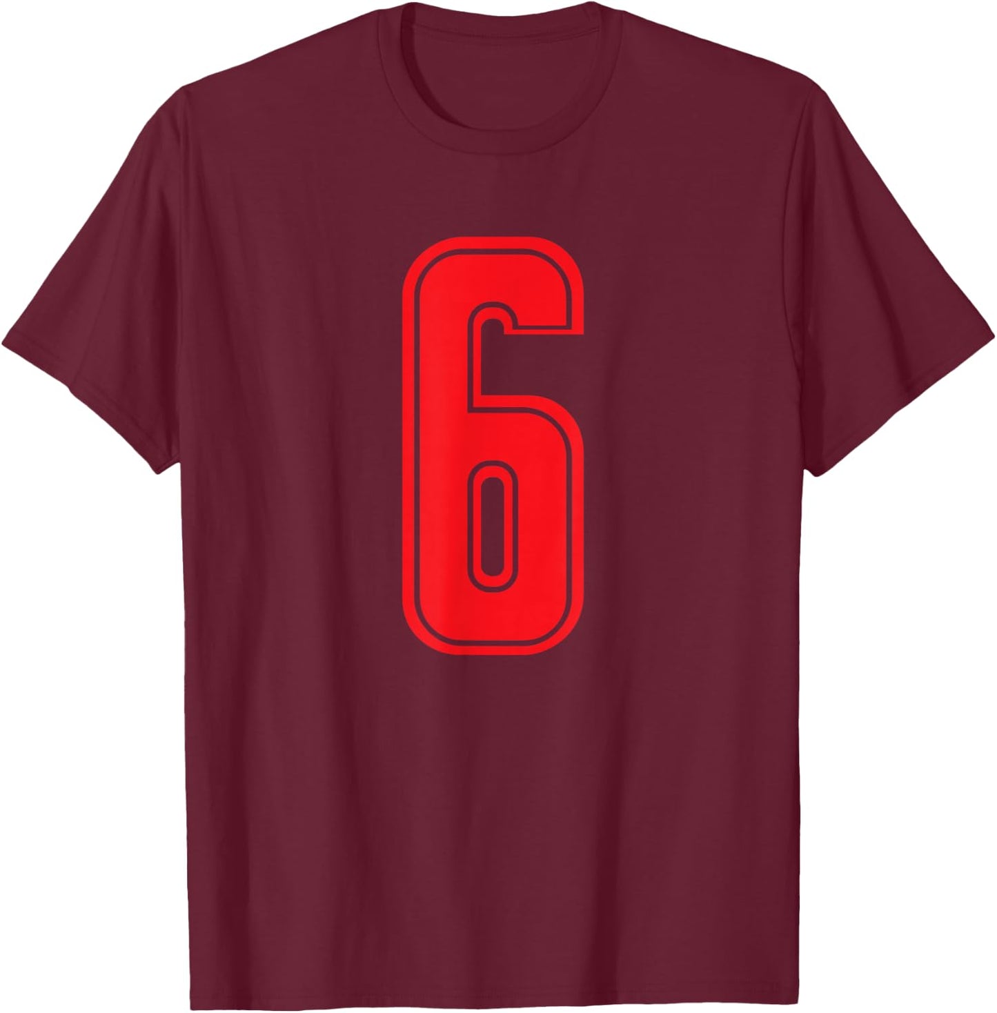 Number 6 Red Sports Team T-Shirt - T-Shirt | Maroon