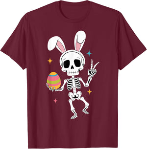 Funny Easter Skeleton Bunny Ears Holding Egg Peace Sign T-Shirt - T-Shirt | Maroon