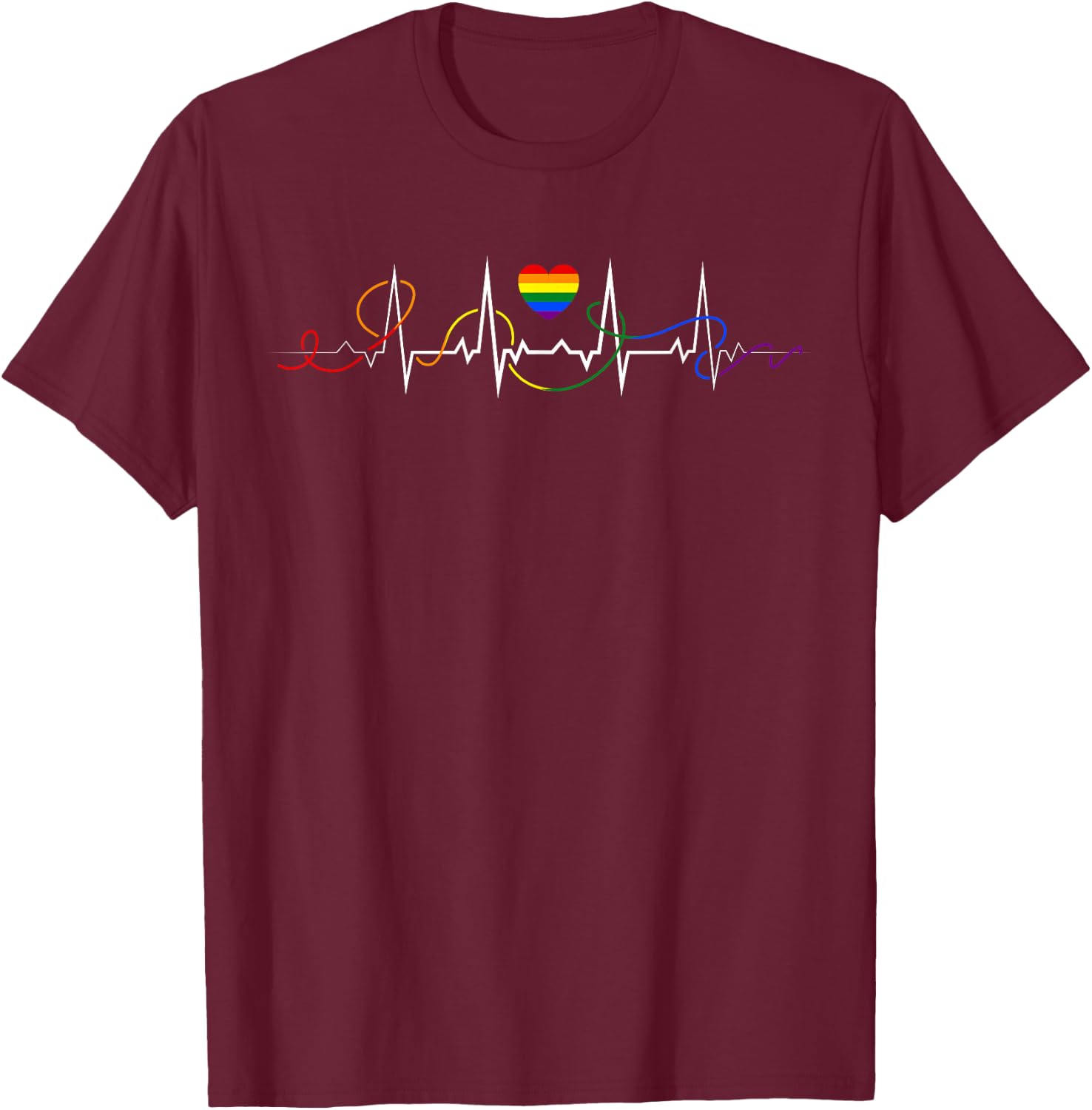 Rainbow Heartbeat Love LGBTQ+ Pride Graphic T-Shirt - T-Shirt | Maroon