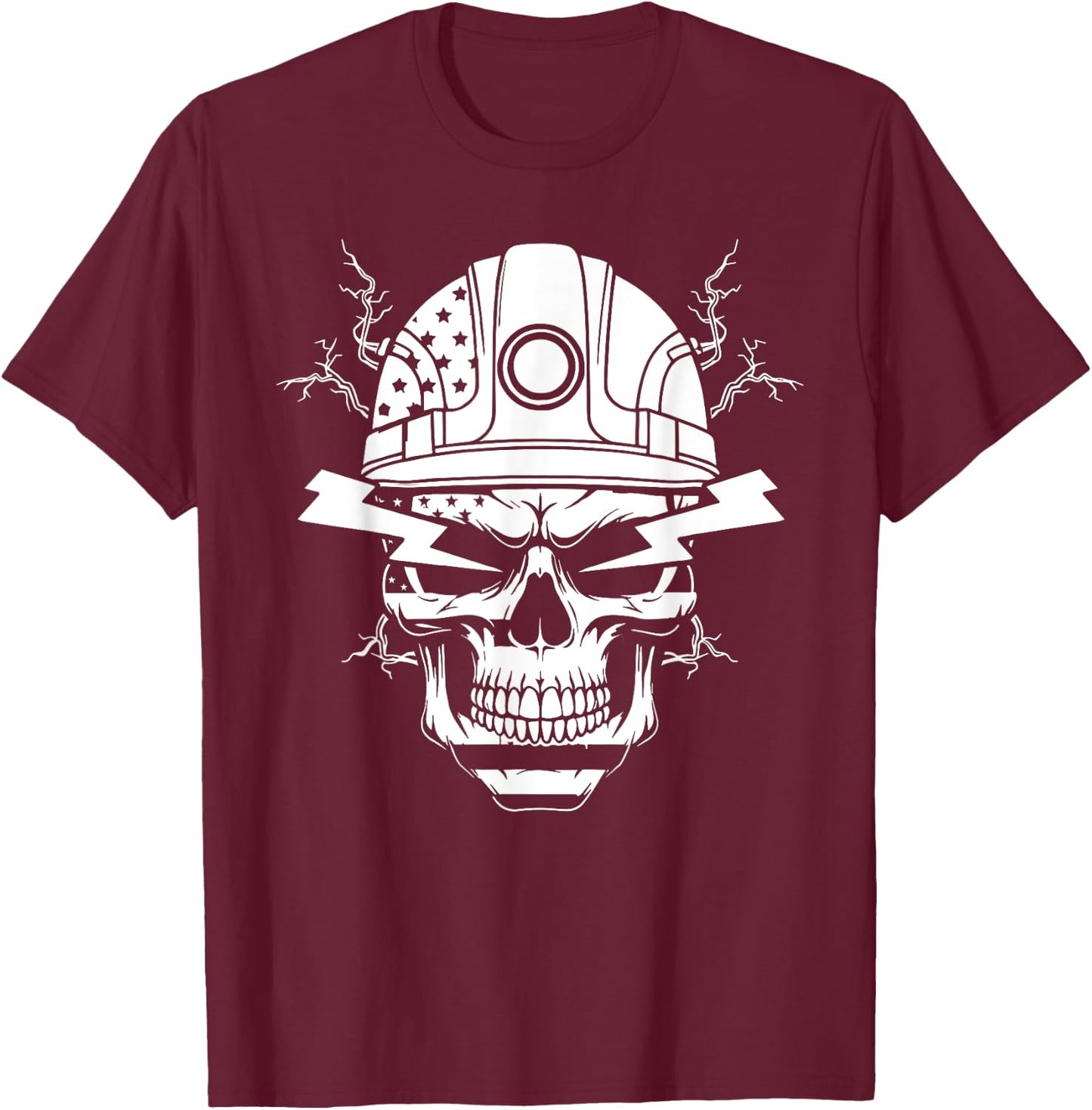 Electric lineman skull electrician skull American flag funny T-Shirt - T-Shirt | Maroon