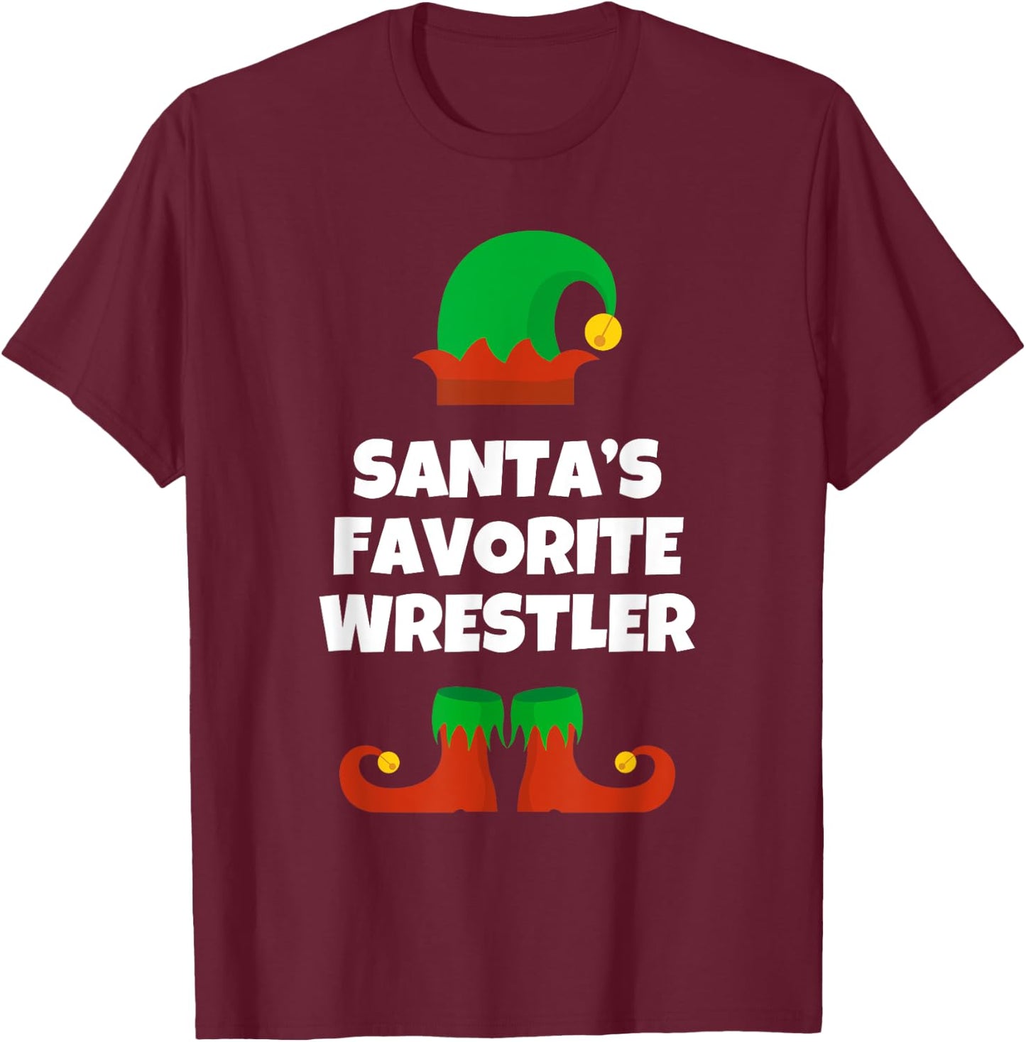 Santas Favorite Wrestler Hat Christmas Funny Pj Wrestling T-Shirt - T-Shirt | Maroon