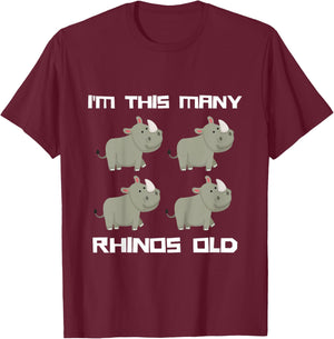I'm This Many Rhinos Old - Rhino 4th Birthday 4 Years Old T-Shirt - T-Shirt | Maroon