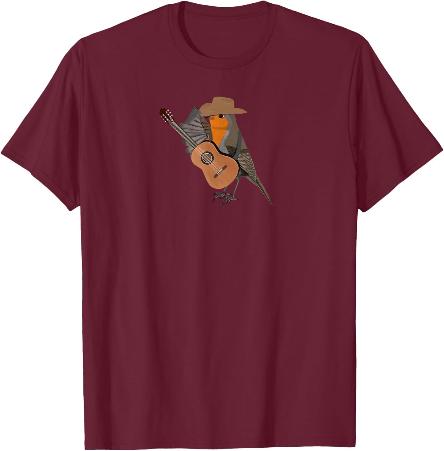 Robin Bird with Cowboy Hat and Guitar Country Music T-Shirt - T-Shirt | Maroon