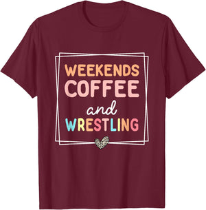 Weekends Coffee & Wrestling Funny Leopard Retro Mom Wrestler T-Shirt - T-Shirt | Maroon