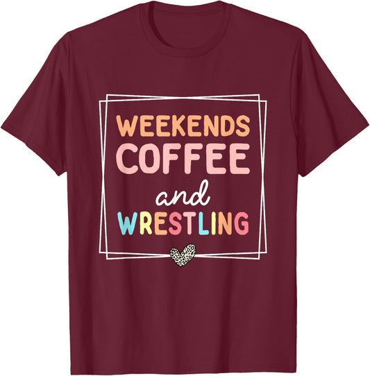 Weekends Coffee & Wrestling Funny Leopard Retro Mom Wrestler T-Shirt - T-Shirt | Maroon