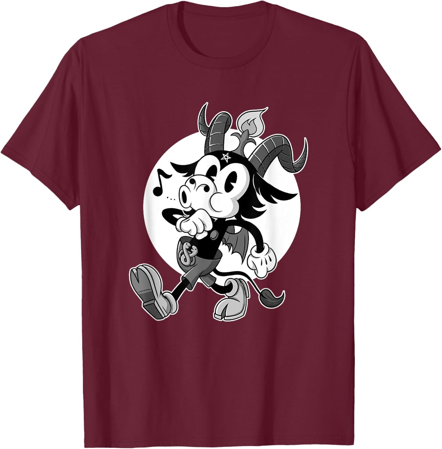 Atheist Satan Baphomet goat Retro Cartoon Black and White T-Shirt - T-Shirt | Maroon