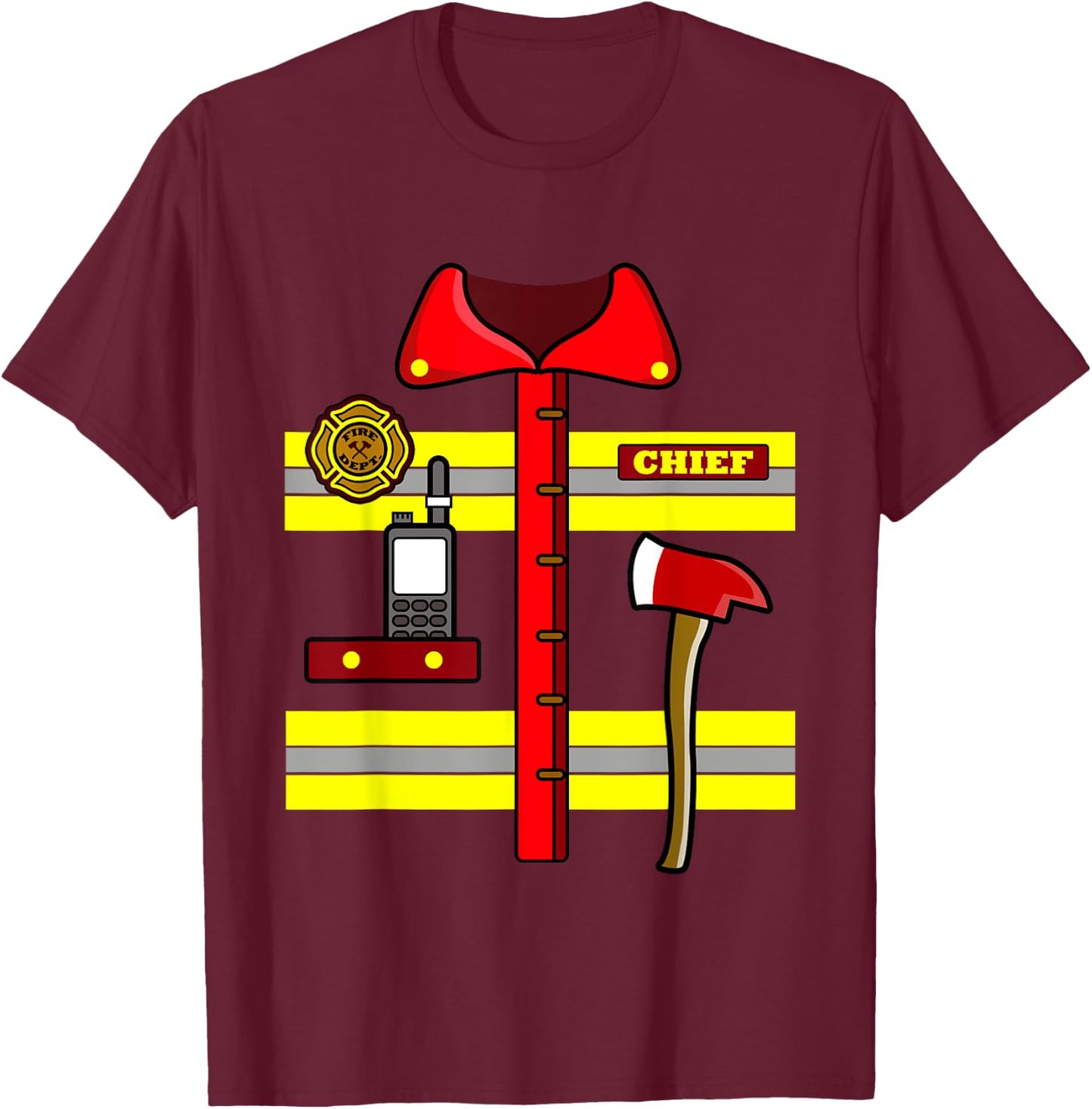 Adult Kids Halloween Fireman Firefighter Costume T-Shirt - T-Shirt | Maroon